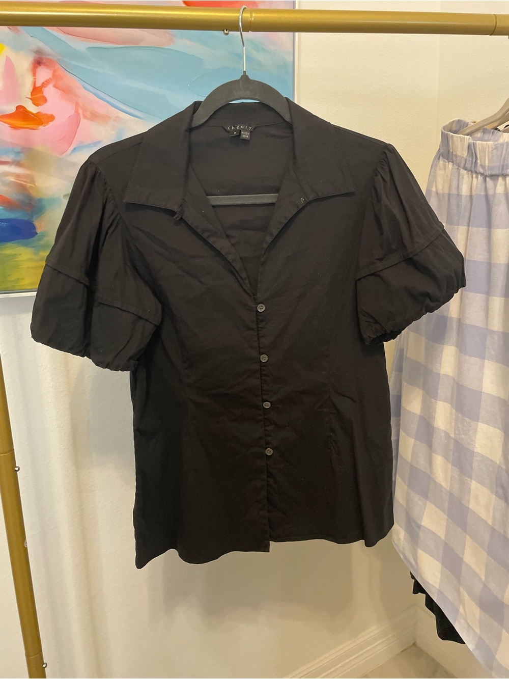 Theory Black Puff Sleeve Button-Down Shirt‎ Medium